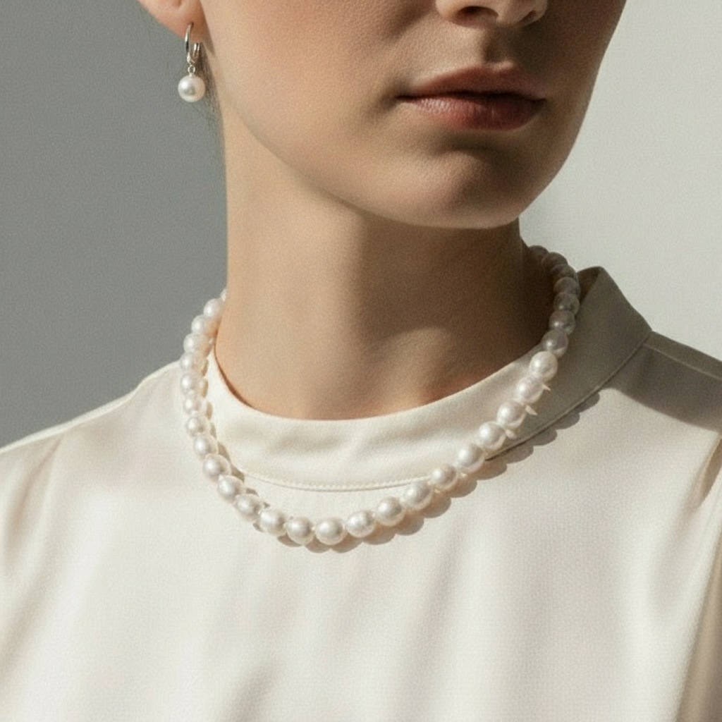 진주 목걸이와 진주 귀걸이를 착용한 모습
