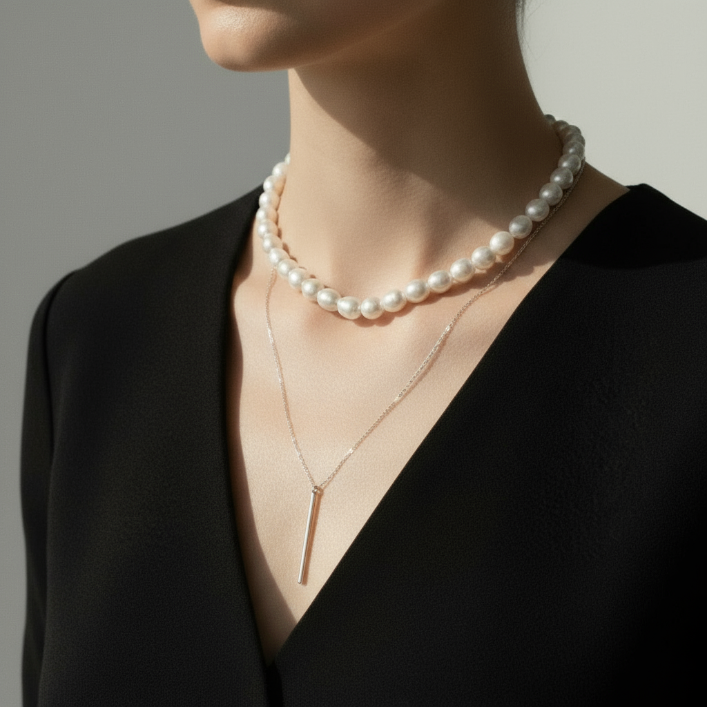 진주 목걸이와 은 목걸이를 레이어드한 모습