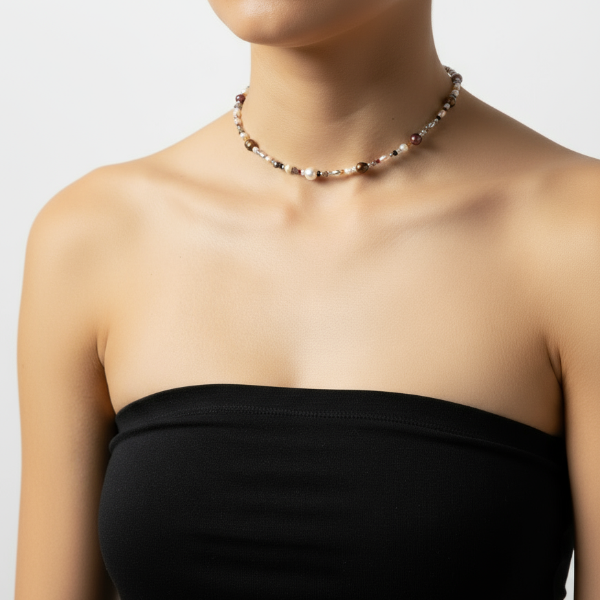 가늘고 우아한 목에 착용한 진주 초커