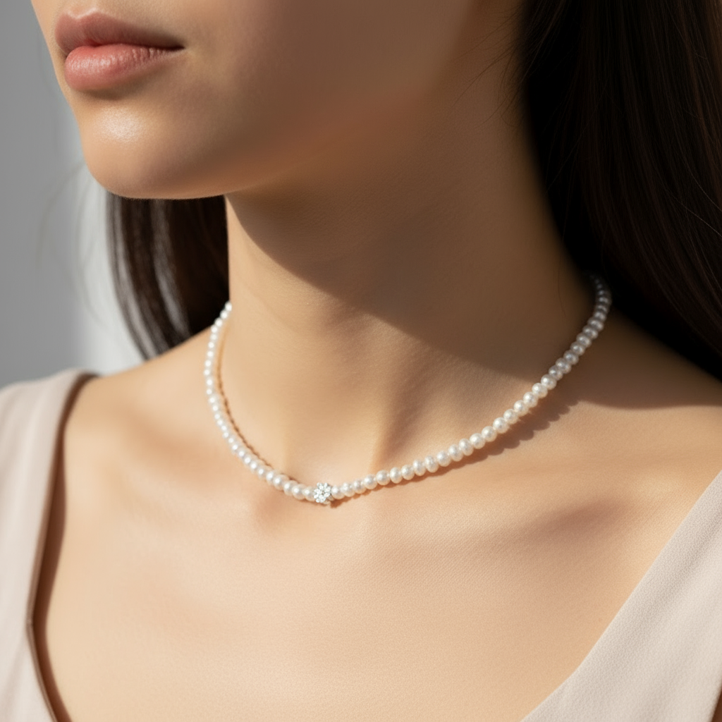 긴 생머리와 진주 목걸이를 착용한 모습