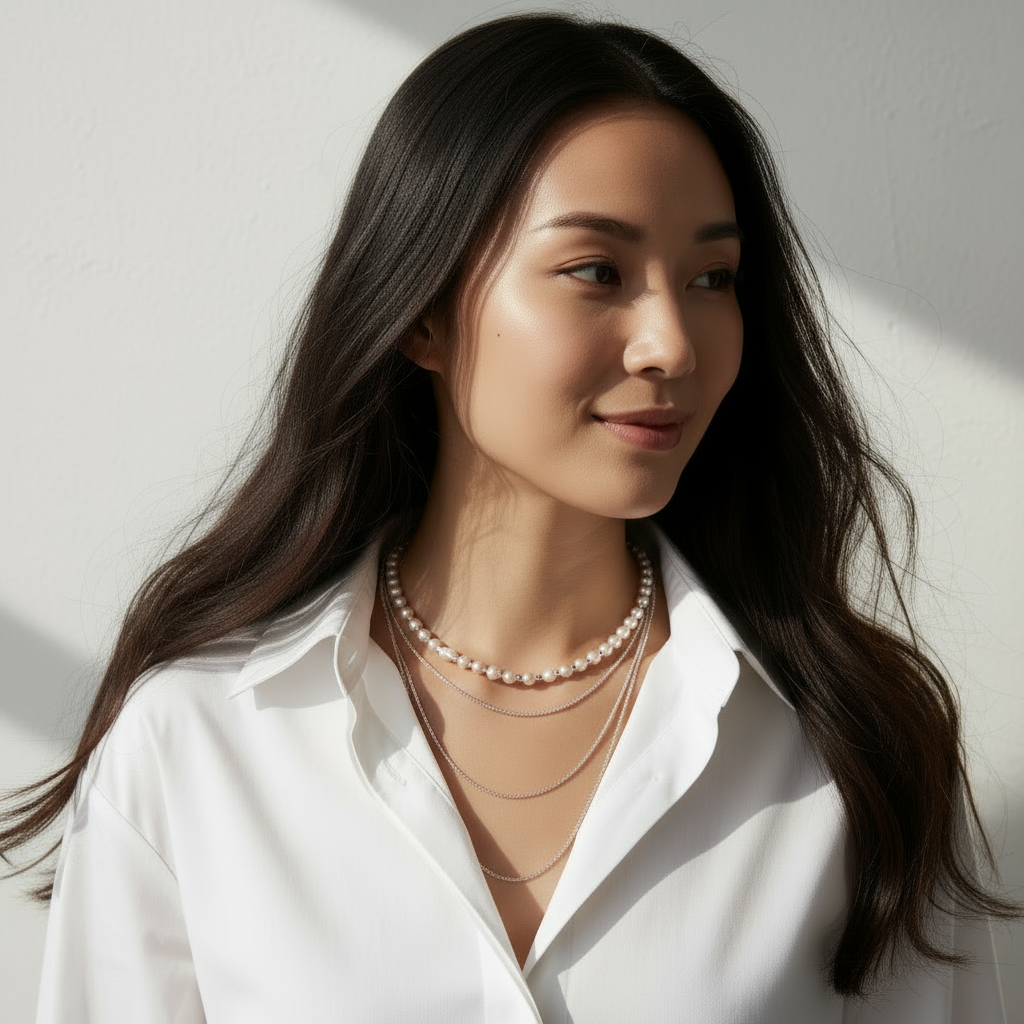 시선을 옆으로 향한 레이어드 목걸이 착용 사진