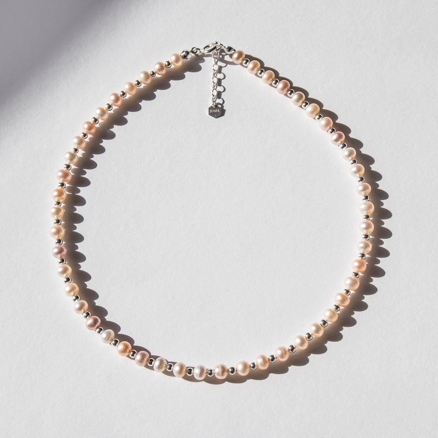 Peach Pearl & Silver Bead Necklace