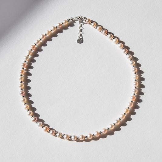 Peach Pearl & Silver Bead Necklace