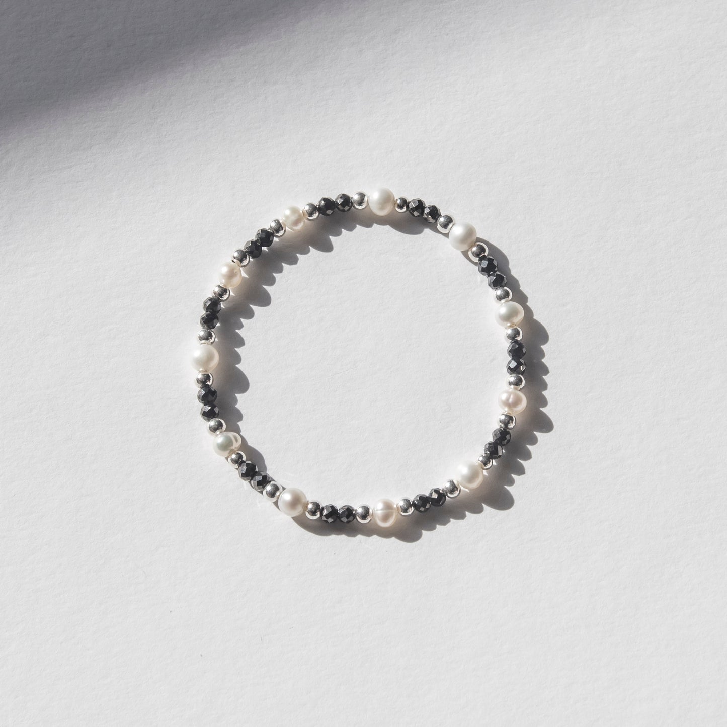 Pearl & Silver & Black Bead Bracelet