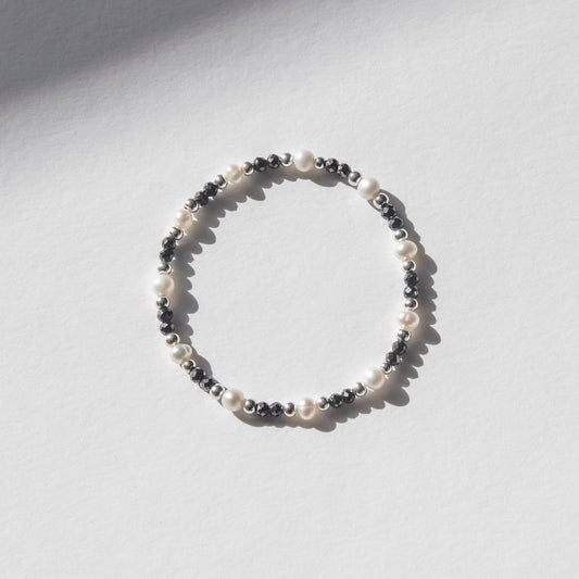 Pearl & Silver & Black Bead Bracelet