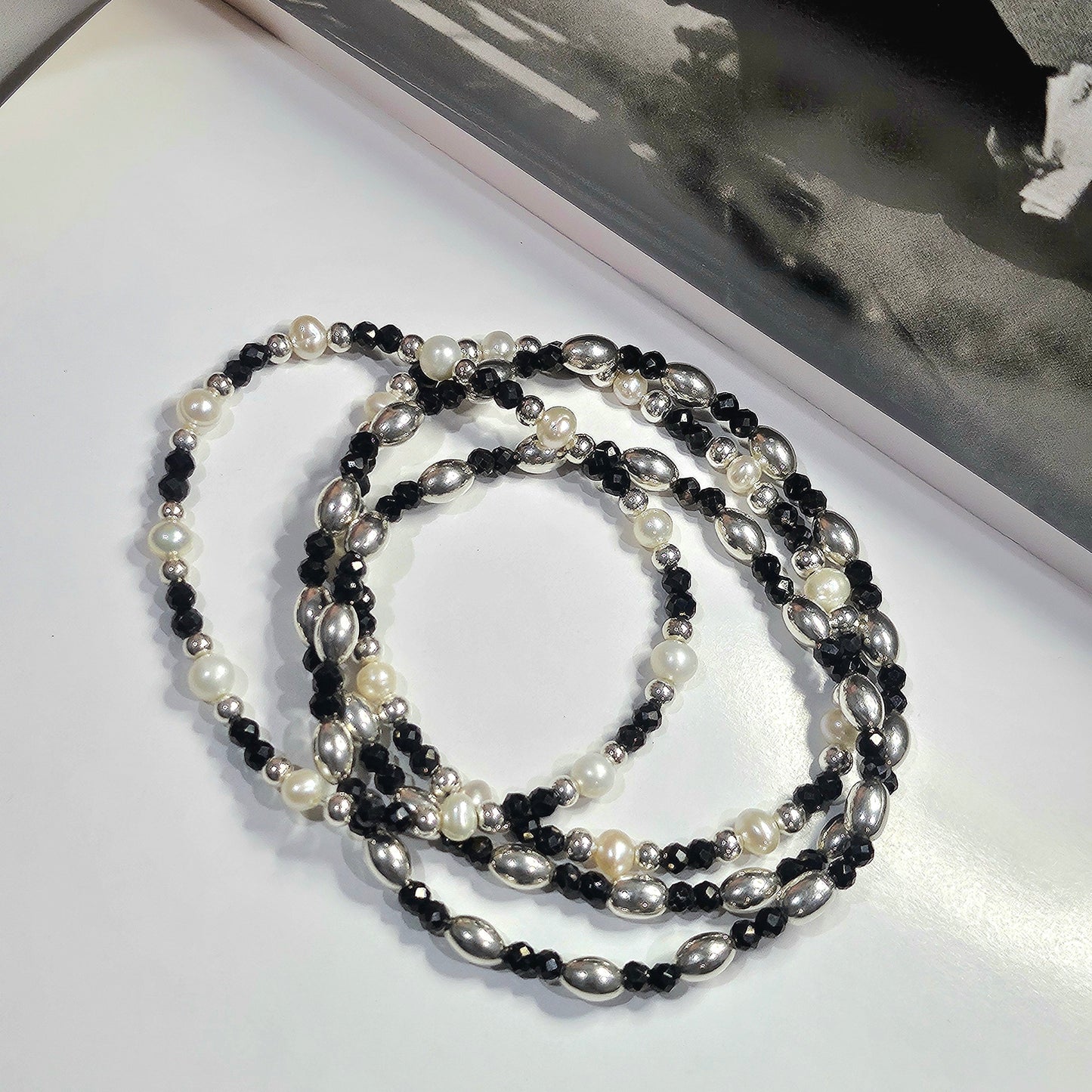 Pearl & Silver & Black Bead Bracelet