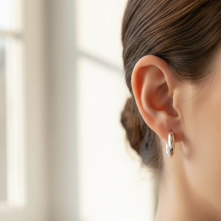 Silver Chunky Hoop Earring Worn on Ear Natural Light