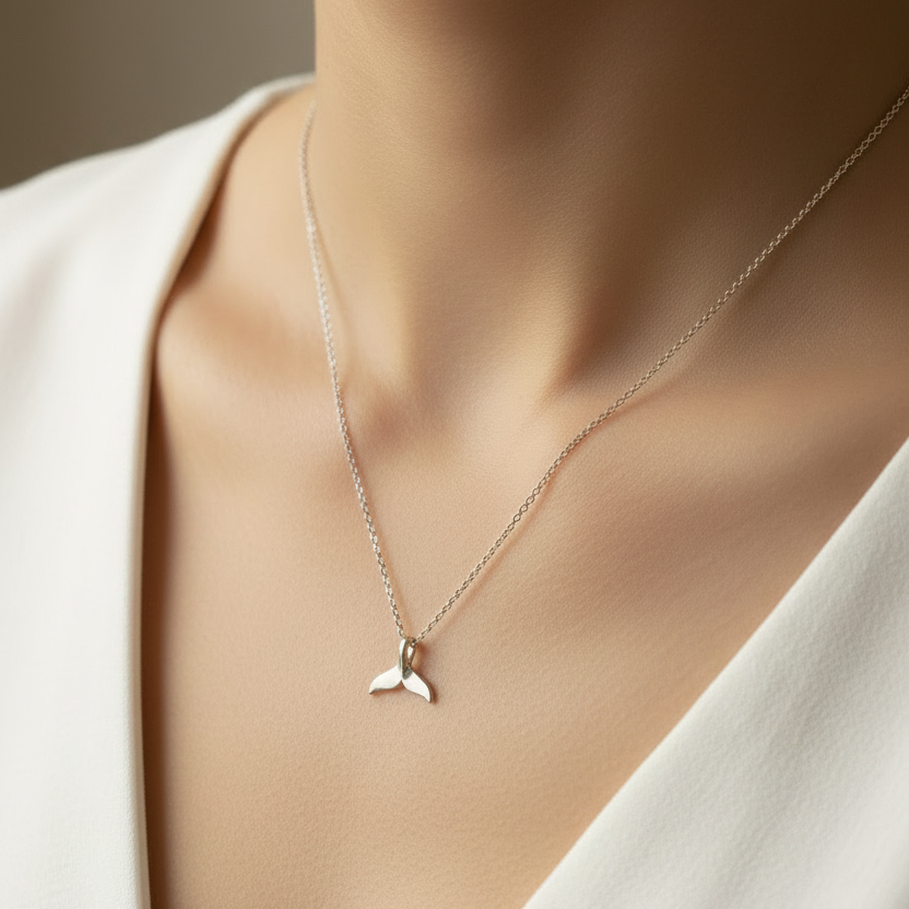 Woman wearing whale tail necklace with white top